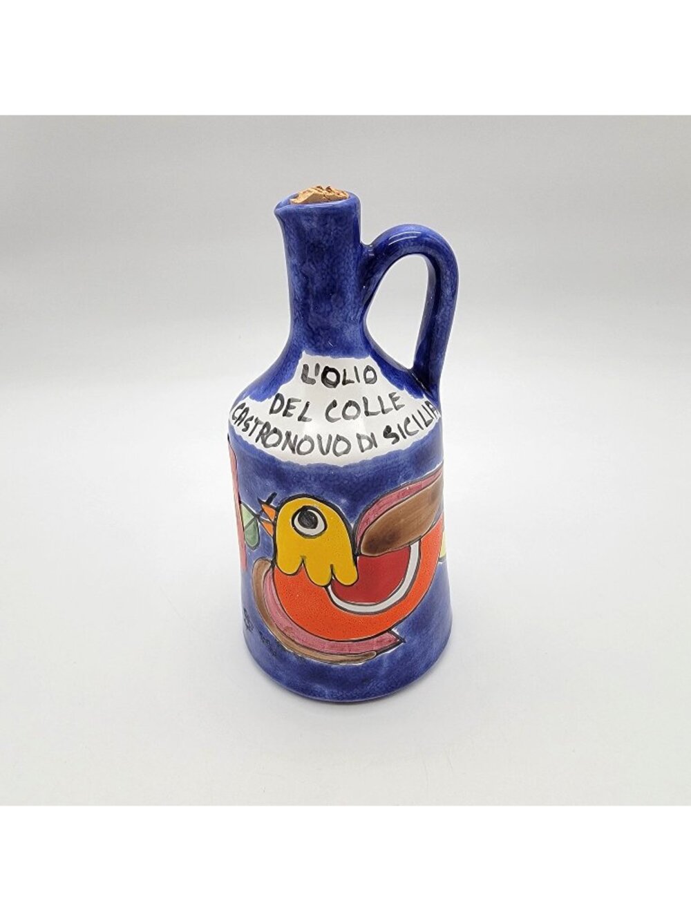Nino Parrucca Hand-Painted Italian Terracotta Olive Oil Bottle Bird